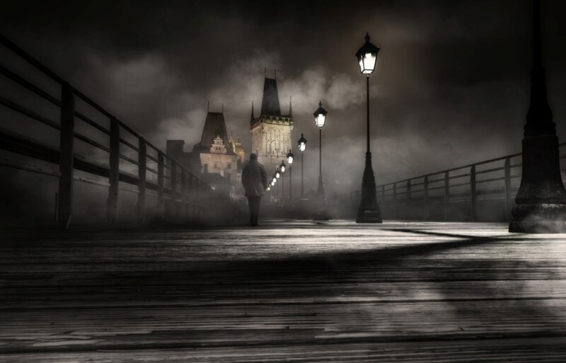 Person Walking on Bridge — Black