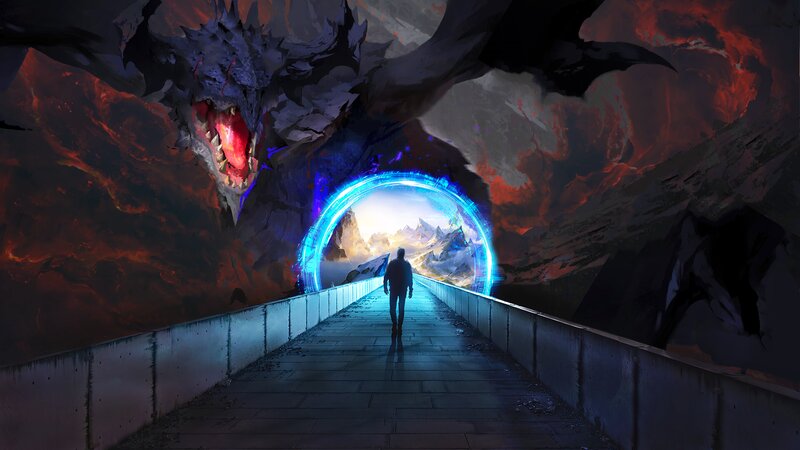 Person Walking on Bridge — Blue, Dramatic, Digital Art