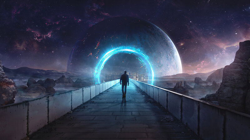 Person Walking on Bridge — Blue, Dramatic, Night, Digital Art