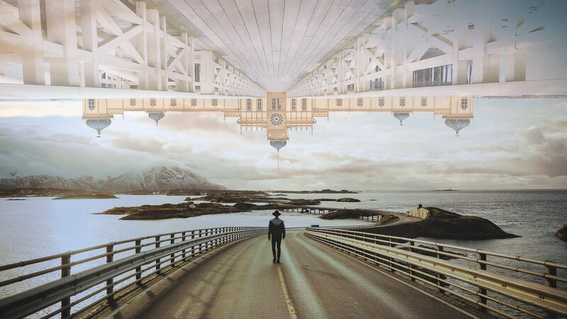 Person Walking on Bridge — Gray, Dreamlike
