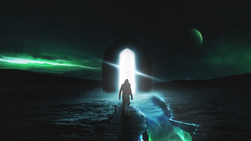 Person Walking on Bridge — Green, Dramatic