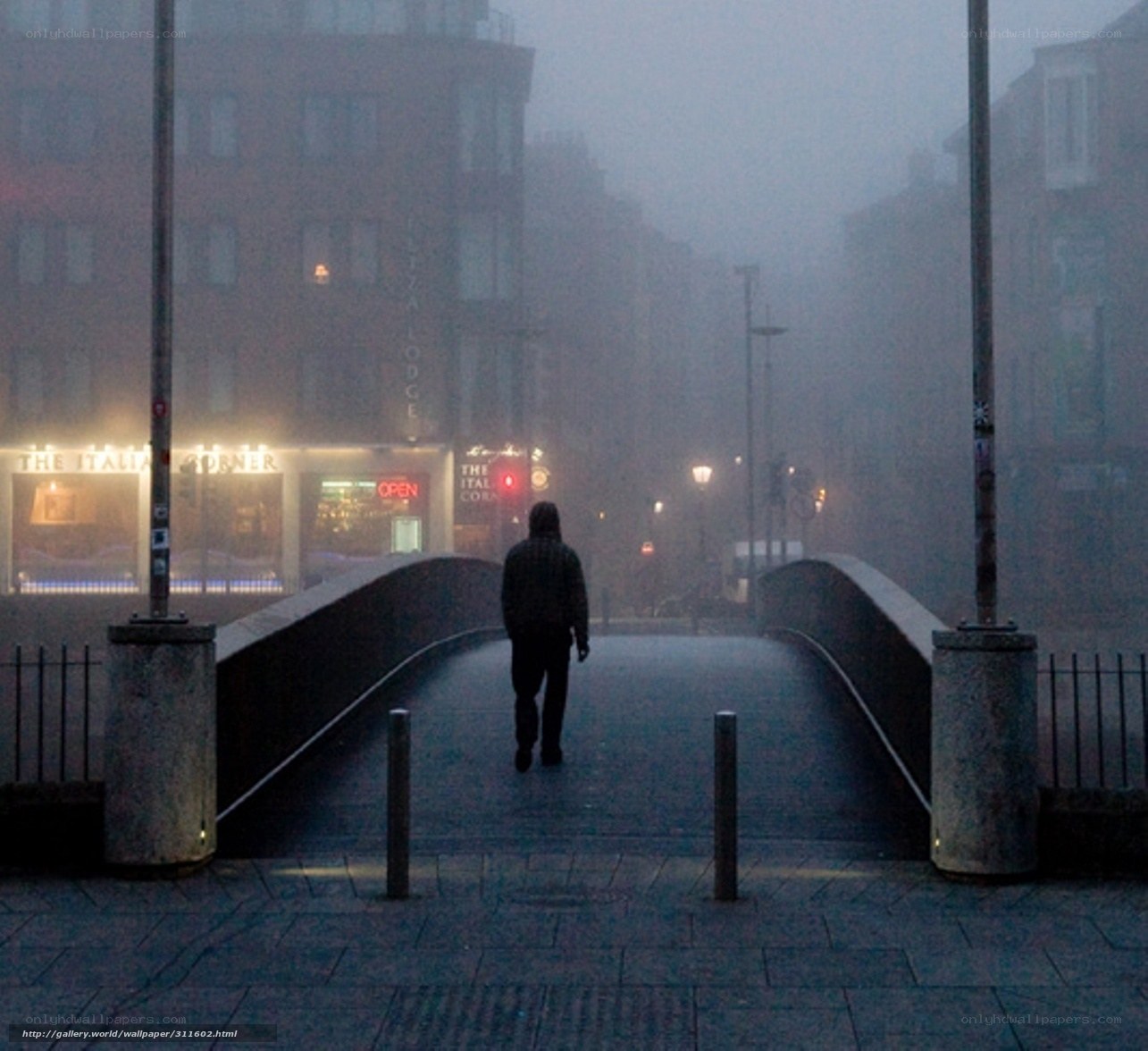 person walking on bridge in fog