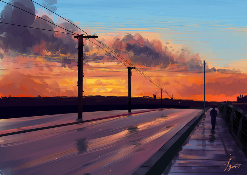 Person Walking on Bridge — Orange