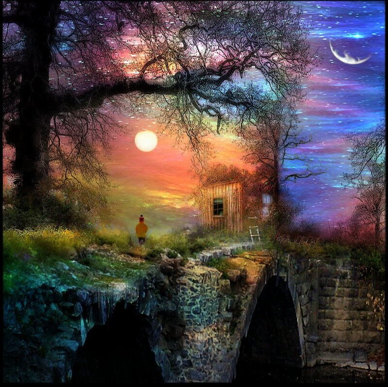 Person Walking on Bridge — Purple, Dreamy