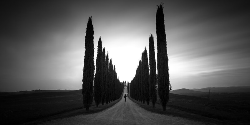 Person Walking on Dirt Road — Black