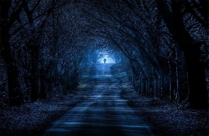 Person Walking on Path — Blue, Dark