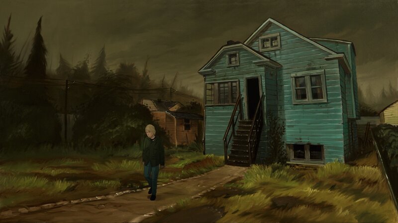 Person Walking on Path — Blue, Dramatic, Night, Digital Art, House
