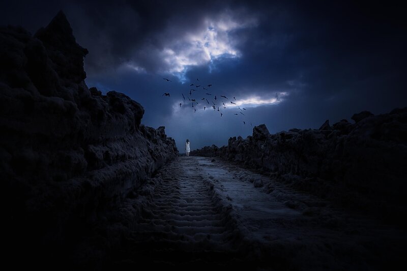 Person Walking on Path — Blue, Dramatic, Night