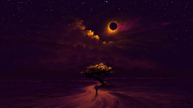 Person Walking on Path — Purple, Dramatic