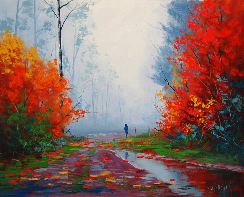 Person Walking on Path — Red, Serene, Autumn, Painting