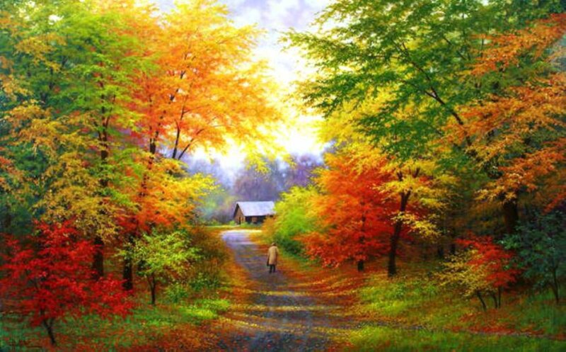 Person Walking on Path — Red, Serene, Autumn, Painting, Trees