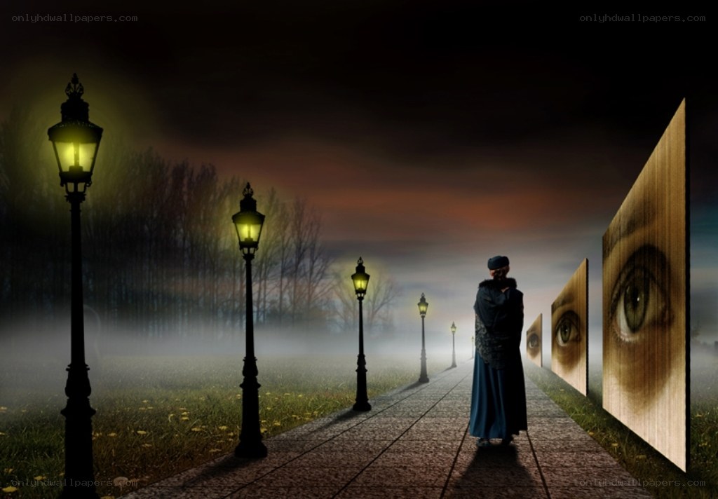person walking on path with eyes