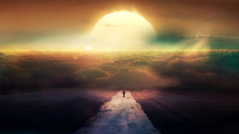 Person Walking on Path — Yellow, Dramatic, Sunset