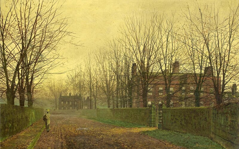 Person Walking on Path — Yellow, Serene, Autumn, Painting, Trees, Buildings