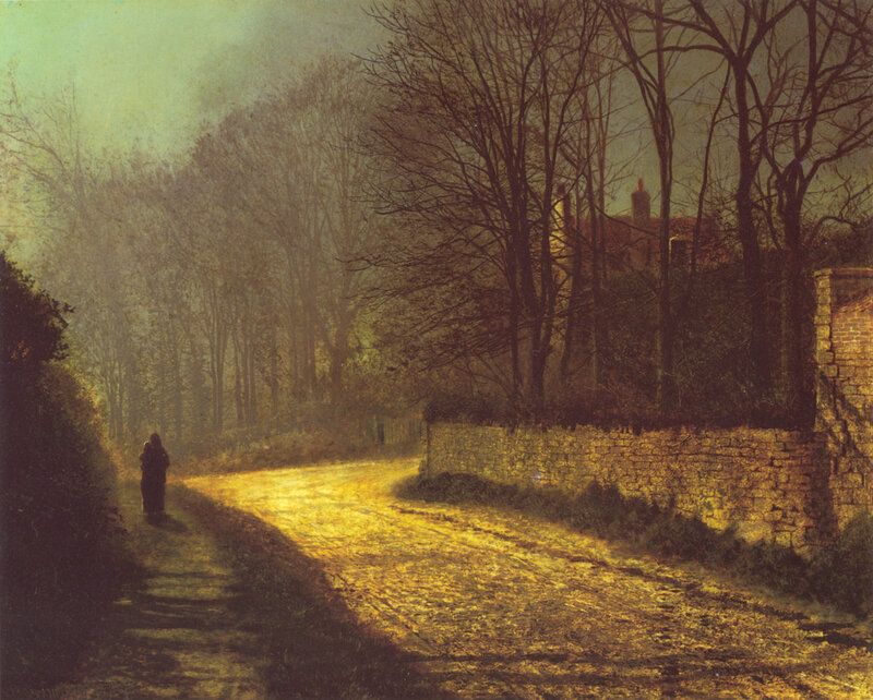 Person Walking on Path — Yellow, Serene, Night, Painting