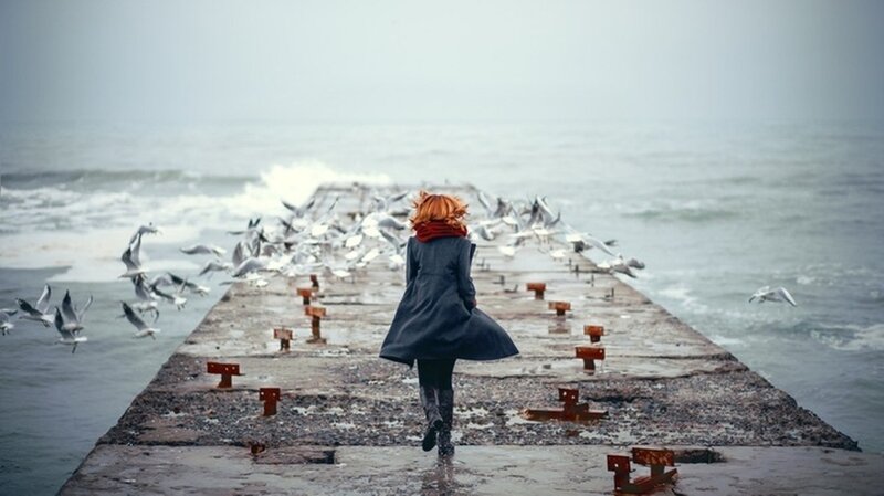 Person Walking on Pier — Gray, Dreary