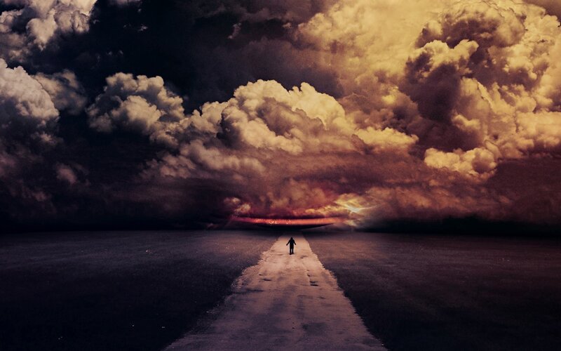 Person Walking on Road — Black, Dramatic, Night, Digital Art, Clouds