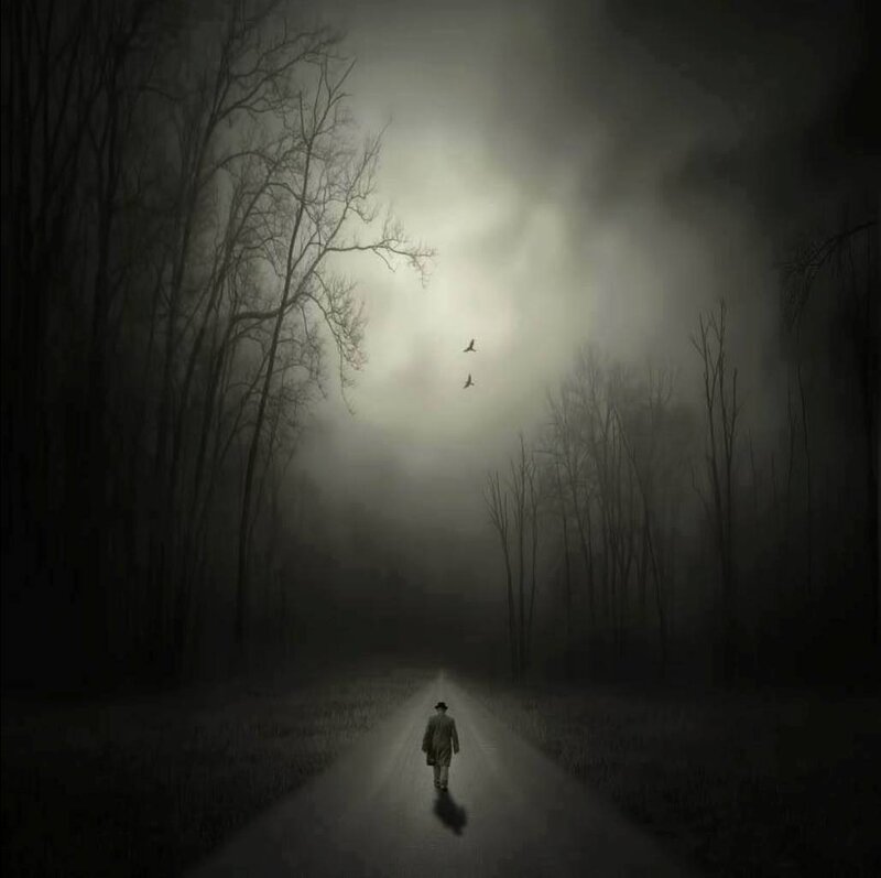 Person Walking on Road — Black, Somber