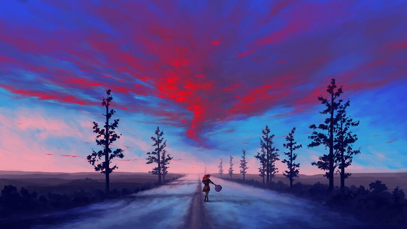 Person Walking on Road — Blue, Dramatic