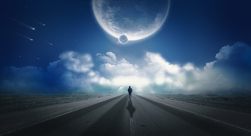 Person Walking on Road — Blue