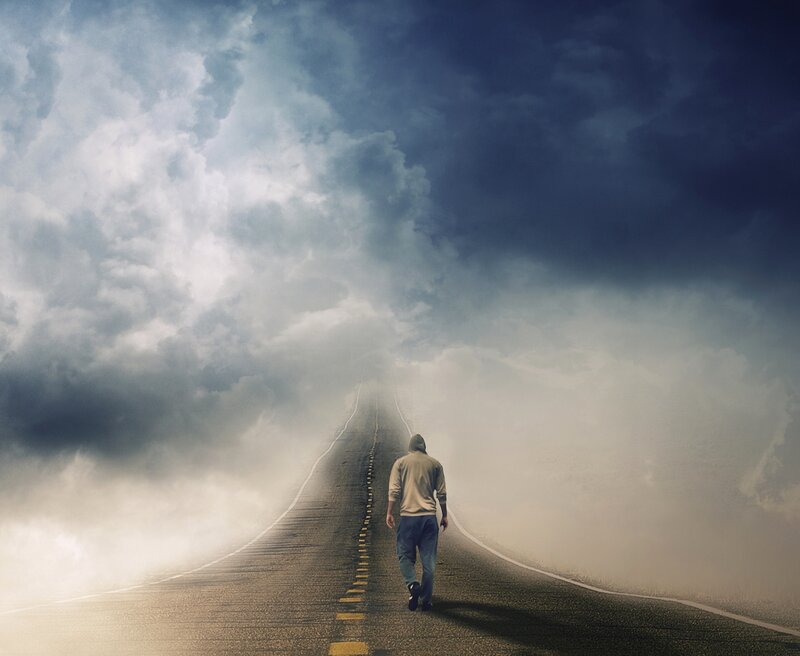 Person Walking on Road — Gray, Dramatic, Digital Art