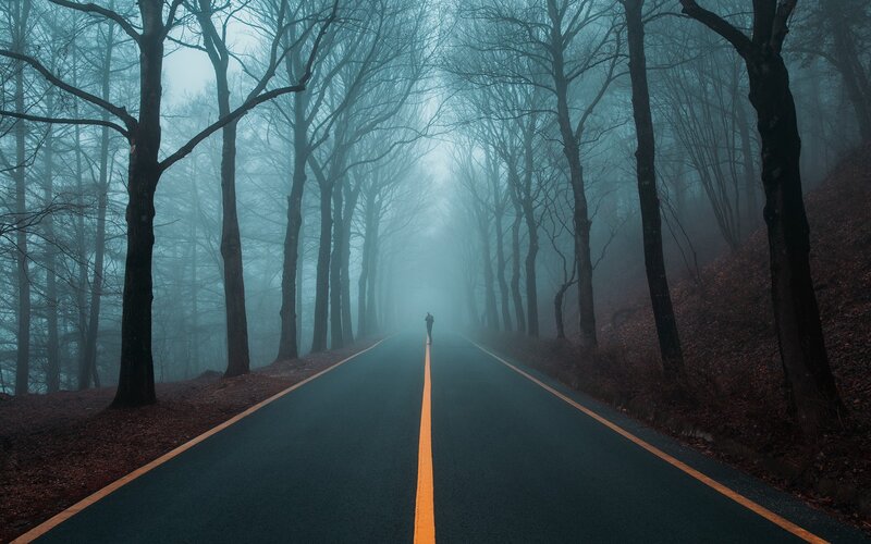 Person Walking on Road — Gray, Mysterious