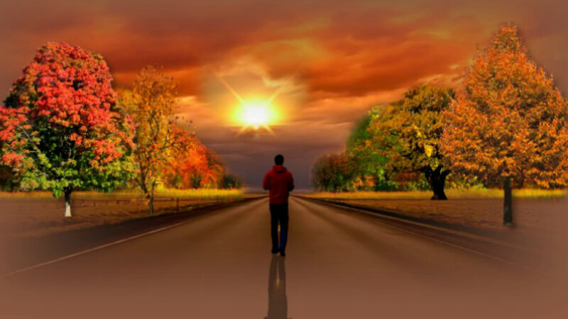 Person Walking on Road — Orange, Dramatic
