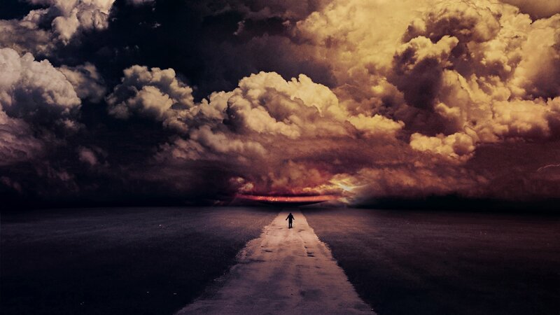 Person Walking on Road — Purple, Dramatic, Night