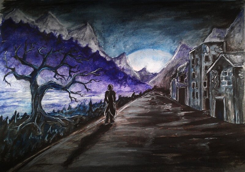 Person Walking on Road — Purple, Dramatic