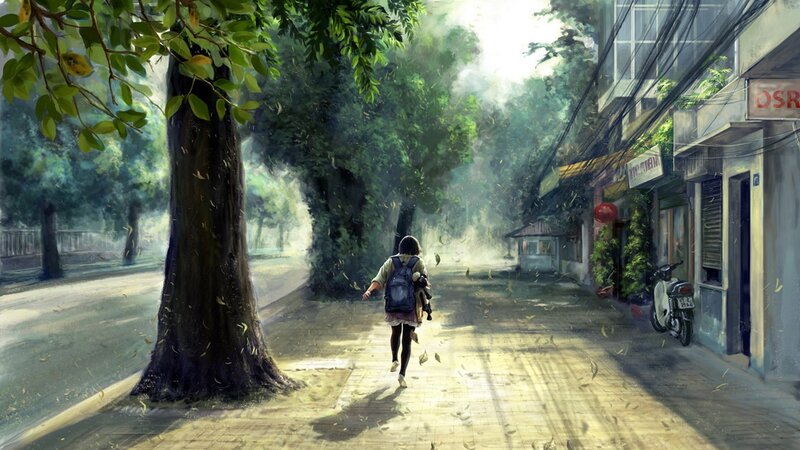 Person Walking on Sidewalk — Green, Serene, Afternoon