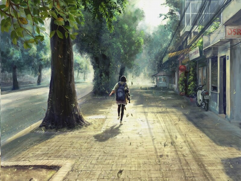 Person Walking on Sidewalk — Green, Serene