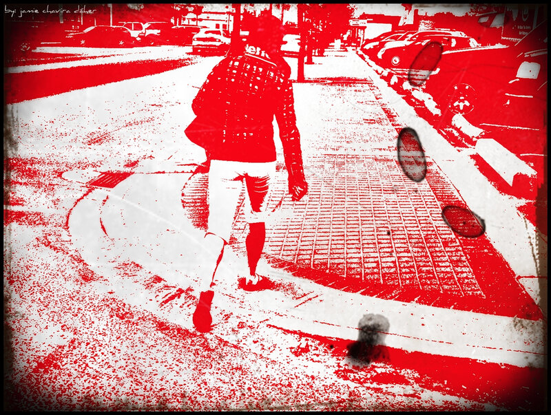 Person Walking on Sidewalk — Red, Dramatic