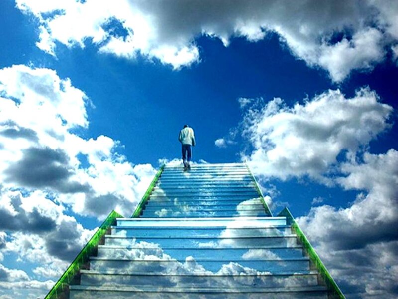 Person Walking on Stairs — Blue