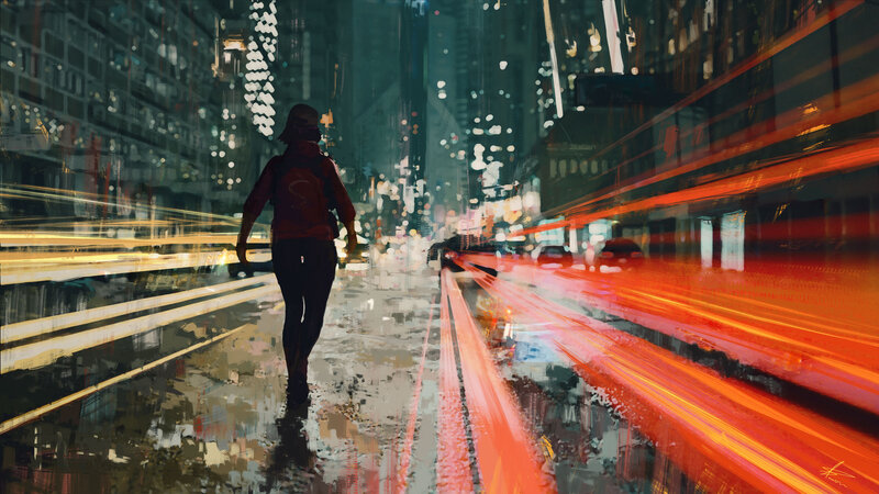 Person Walking on Street — Red, Dramatic