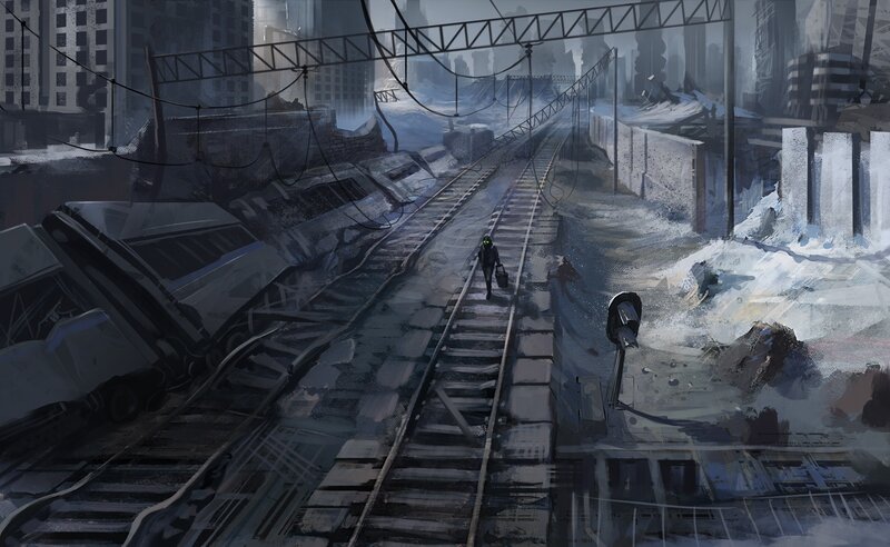 Person Walking on Train Tracks — Gray, Desolate