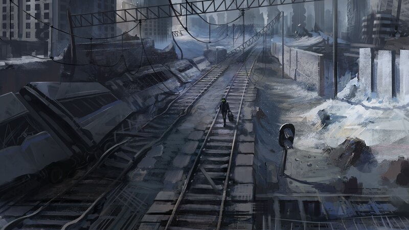 Person Walking on Train Tracks — Gray, Dramatic
