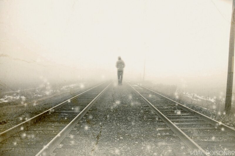 Person Walking on Train Tracks — Gray, Misty