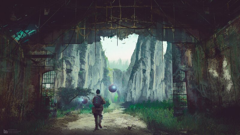 Person Walking Through Ruin — Green
