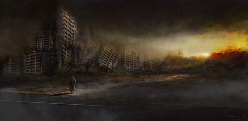 Person Walking Through Ruins — Black, Dramatic