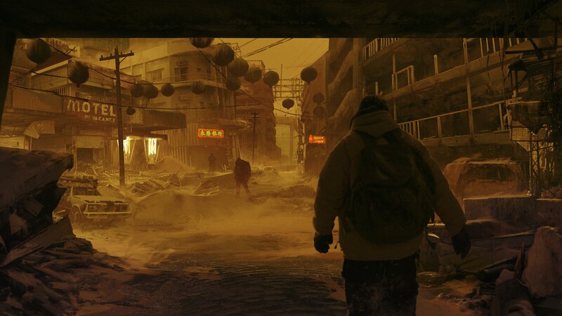 Person Walking Through Ruins — Brown, Apocalyptic, Night