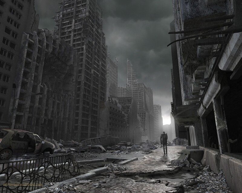 Person Walking Through Ruins — Gray, Dramatic, Digital Art, Ruined Buildings