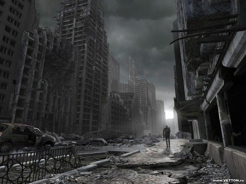 Person Walking Through Ruins — Gray, Dramatic, Night, Digital Art, Buildings