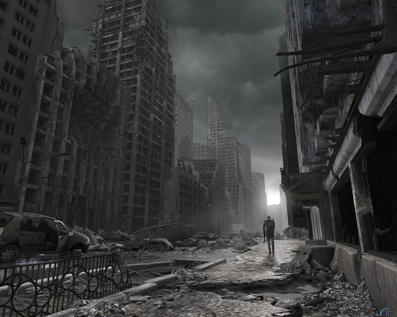 Person Walking Through Ruins — Gray, Dramatic, Night, Digital Art, Ruined Buildings, Debris