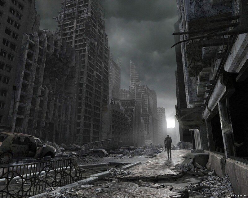 Person Walking Through Ruins — Gray, Dramatic, Night, Digital Art