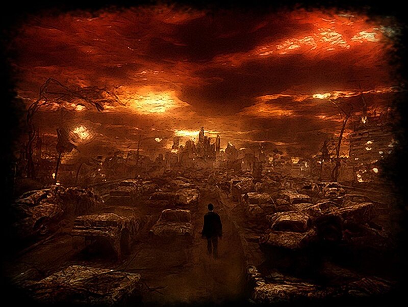 Person Walking Through Ruins — Red