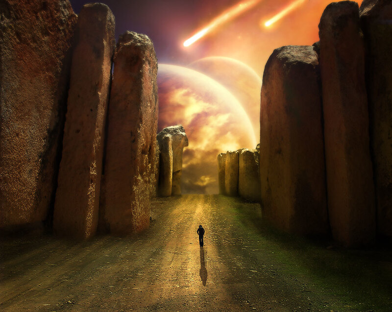 Person walking through stone corridor