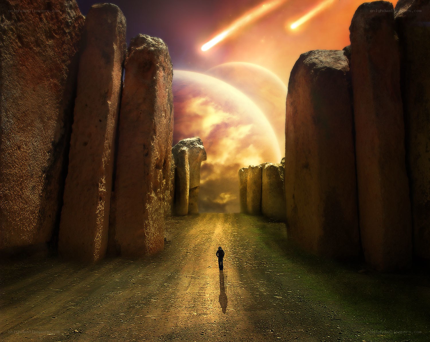 Person walking through stone corridor