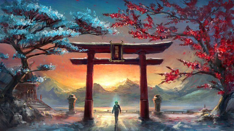 Person Walking Through Torii Gate