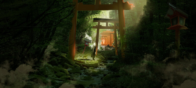 Person Walking Through Torii Gates