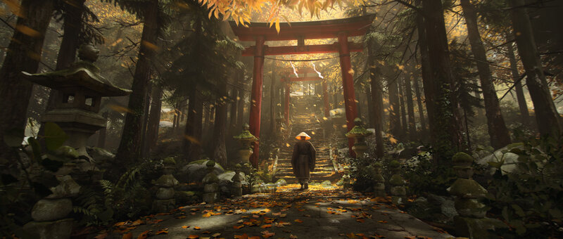 Person Walking Through Torii